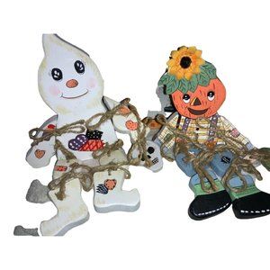 2 Wood Halloween Shelf Sitters Decor---Ghost, Pumpkin
